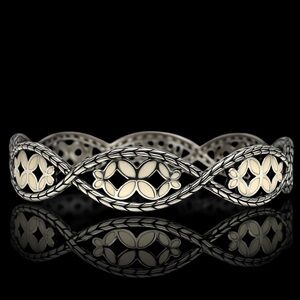 John Hardy RETIRED Kawung Silver & Cream Enamel Woven Marquise Bangle 7.25–7.75”